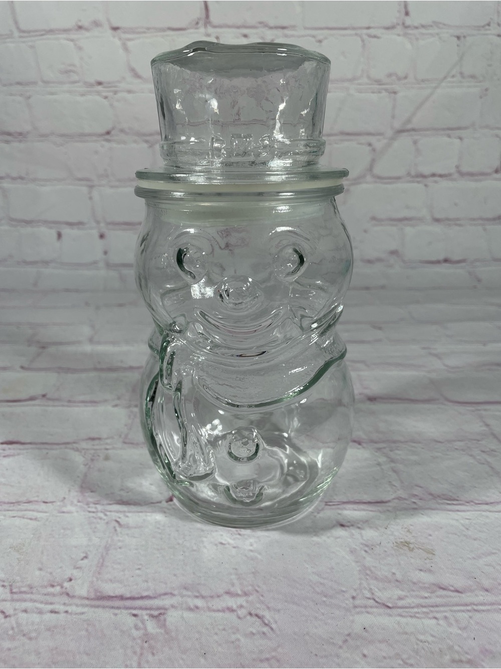 Vintage Libbey of Canada Clear Glass Snowman with Top Hat Lidded Jar Container